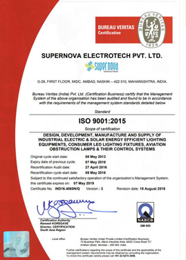 ISO Certification of Supernova Electrotech Pvt. Ltd.